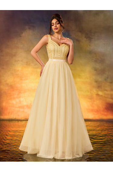 Modecrush Women's Sequins Elegant V-neck Tulle Evening Dress