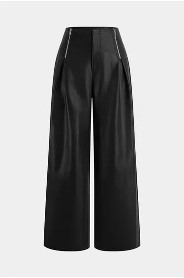 Faux Leather Zipper Straight Pants