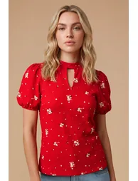 Red Ditsy Keyhole Neck With Puff Sleeve Blouse - 1