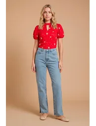 Red Ditsy Keyhole Neck With Puff Sleeve Blouse