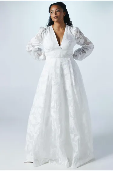 Plunge Neck Organza Jacquard Blouson Sleeve Wedding Dress
