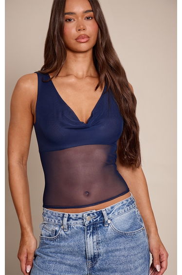 Navy Mesh Drape Front Vest Top