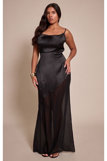 Shape Black Cowl Neck Satin Dropped Hem Chiffon Maxi Dress
