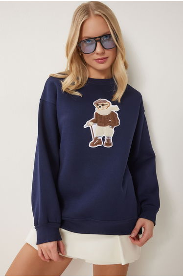 Women's Navy Blue Teddy Bear Emblem Raised Knitted Sweatshirt