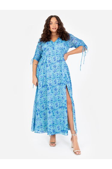 Lovedrobe Blue Floral Maxi with Ruched Sleeves and Metallic Detail