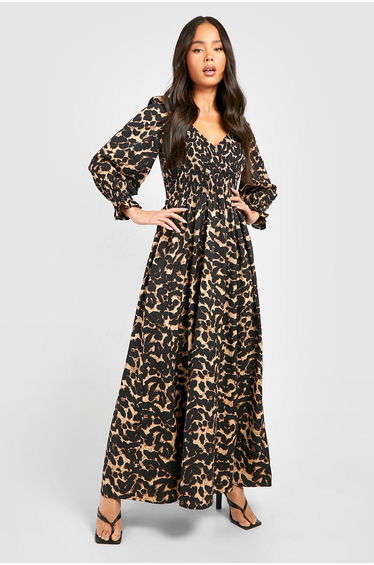 Petite Leopard Shirred Detail Maxi Dress - black