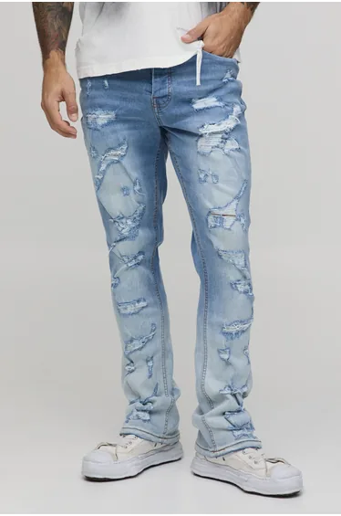 Skinny Stretch Flared Ripped Ombre Bleach Washed Jeans - bleached blue