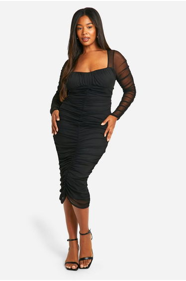 Plus Mesh Ruched Midi Dress - black