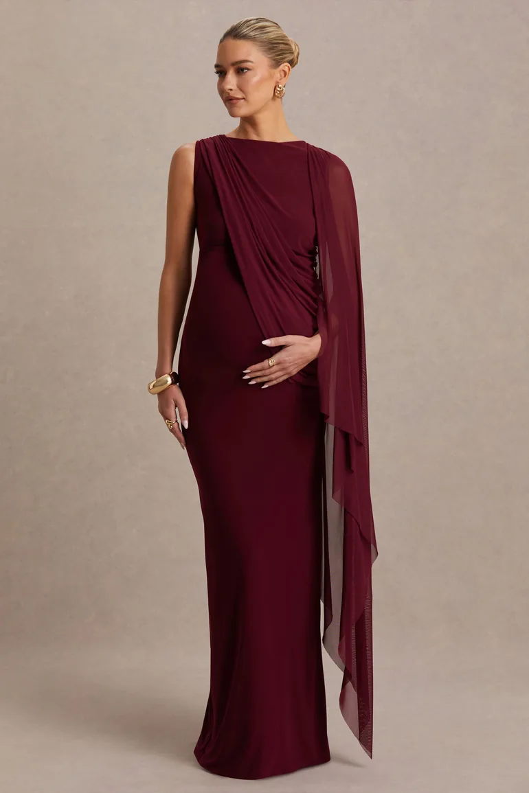 Cristina | Burgundy High-Neck Maternity Maxi Dress With Cape-Sleeve - 3