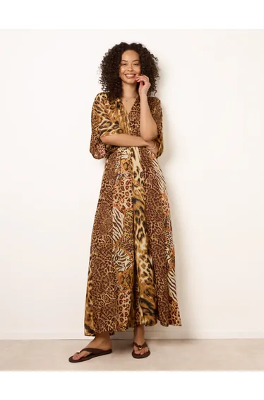 Animal Print Wide Leg Cross Over Jumpsuit