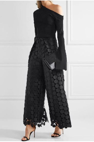 High Waisted Wide Leg Hollow Polka Dot Solid Color Pants Trousers
