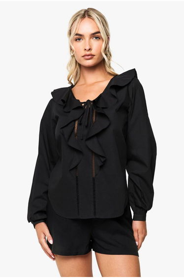Ruffle Cutwork Trim Blouse - black