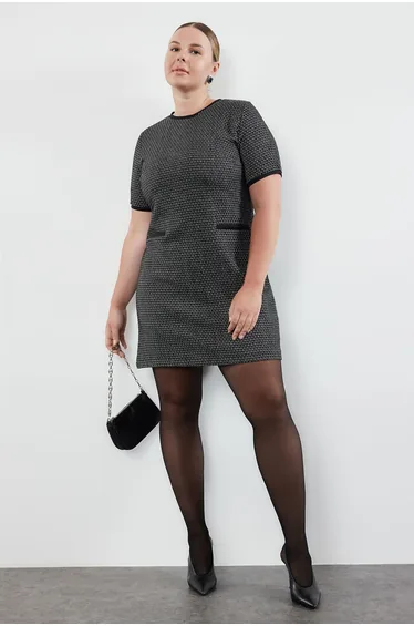 Black Tweed Zipper Midi Woven Dress