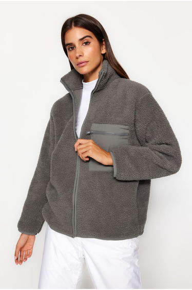 Winter Essentials Anthracite Thick Fleece Zippered Stand-Up Collar Pocket Knitted Sweatshirt