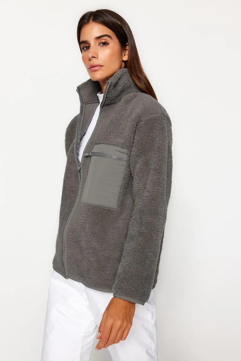 Winter Essentials Anthracite Thick Fleece Zippered Stand-Up Collar Pocket Knitted Sweatshirt - 2