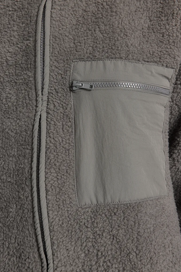 Winter Essentials Anthracite Thick Fleece Zippered Stand-Up Collar Pocket Knitted Sweatshirt - 6