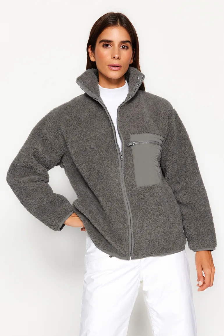 Winter Essentials Anthracite Thick Fleece Zippered Stand-Up Collar Pocket Knitted Sweatshirt - 4