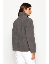 Winter Essentials Anthracite Thick Fleece Zippered Stand-Up Collar Pocket Knitted Sweatshirt - 3