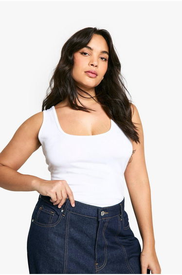 Plus Cotton Scoop Neck Sleeveless Bodysuit - white