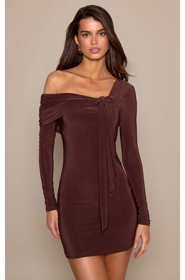 Chocolate Double Layer Slinky Asymmetric Knot Detail Mini Dress