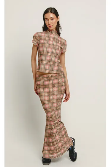 Pink Checkered Mesh Maxi Skirt