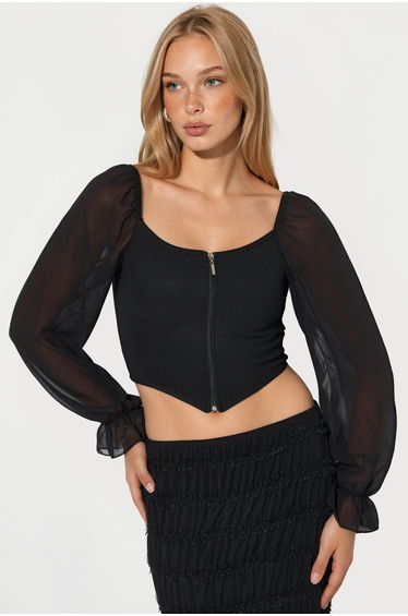 BDART Ribbed Zipper Crop Blouse with Square Collar