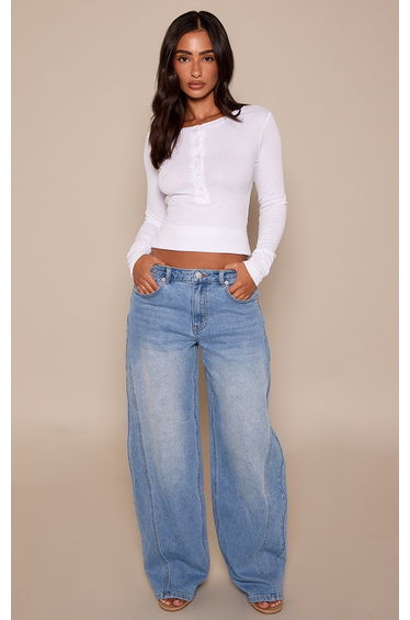 Petite Mid Blue Mid Rise Stretch Barrel Jeans