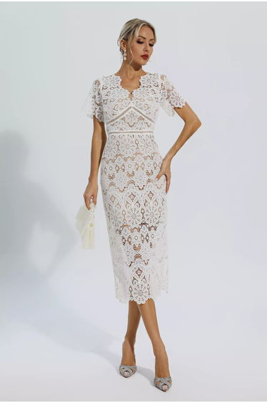 Skyler White Lace Cutout Midi Dress