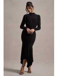 Carla | Black High-Neck Maxi Dress With Draped Hem - 3