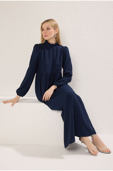 Pleated Column Maxi Smock Dress with Long Sleeves