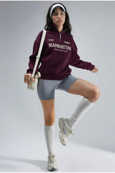 BUSEM Oversized Text Print Zipper Collar Sweatshirt