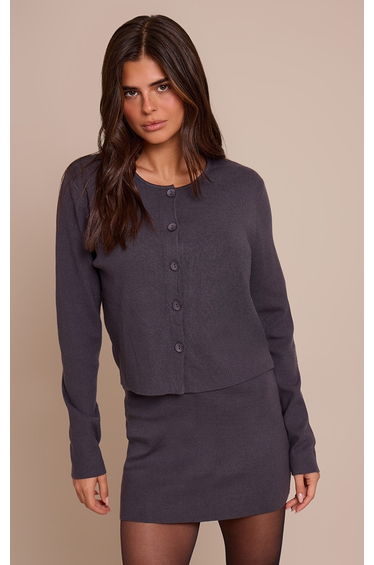 Charcoal Compact Knit Collarless Cardigan