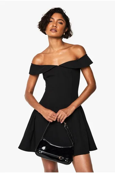 Tall Bardot Foldover Skater Dress - black