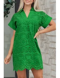 Lvness Green Solid Color Eyelet Embroidered T Shirt Mini Dress - 2