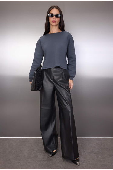 Anthracite thick fleece-lined crew neck crop knit sweatshirt