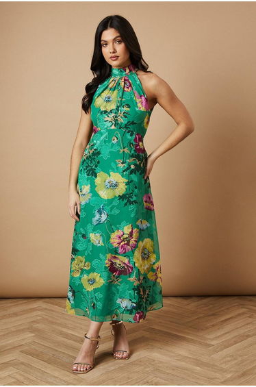 Floral Satin Burnout Halterneck Midi Dress
