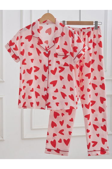 Women Heart Print Shirt and Pyjama Set