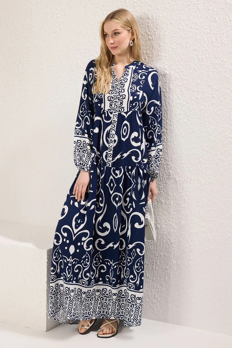 Indigo Patterned Viscose Woven Dress - 1
