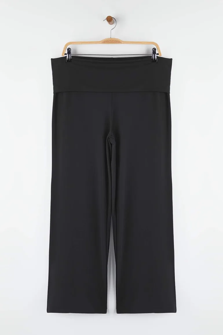 Black Scuba/Diver Wide Leg Waist Foldable Knitted Sports Plus Size Sweatpants