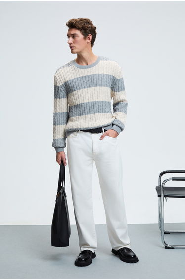 GRIMELANGE BRAID Men's Crew Neck Hair Braid Pattern Regular Fit Grimelange - Beige Sweater