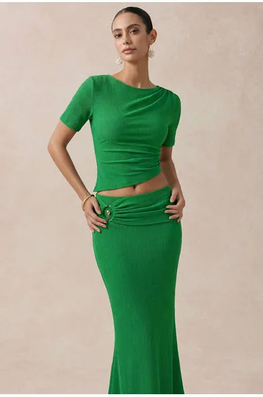 Textured Round Neck Asymmetrical Ruched Short Sleeve Top