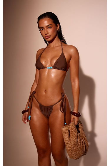 Chocolate Contrast Bead Trim Triangle Bikini Top