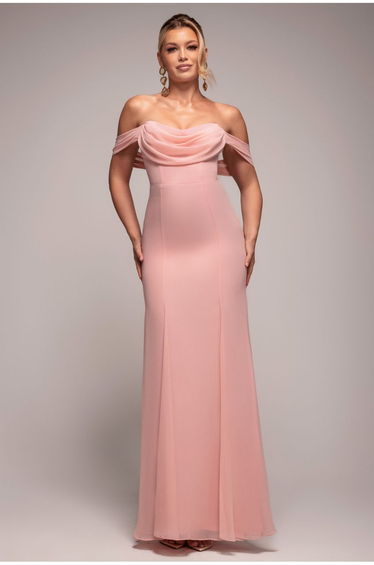 Chiffon Bardot Cowl Neck Maxi Dress - Blush Pink by Goddiva