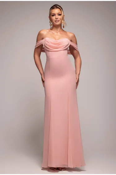 فستان ماكسي شيفون بأكتاف مكشوفة بياقة منسدلة - زهري