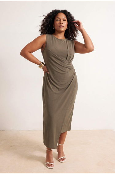 Khaki A-Line/A Bell Form Sleeveless Midi Stretchy Knitted Plus Size Dress