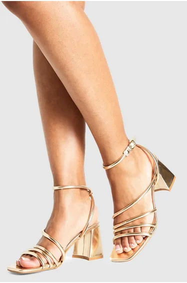Metallic Block Strappy Heels - gold