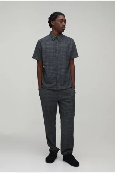 Checked Regular Shirt & Tapered Trouser Set - charcoal