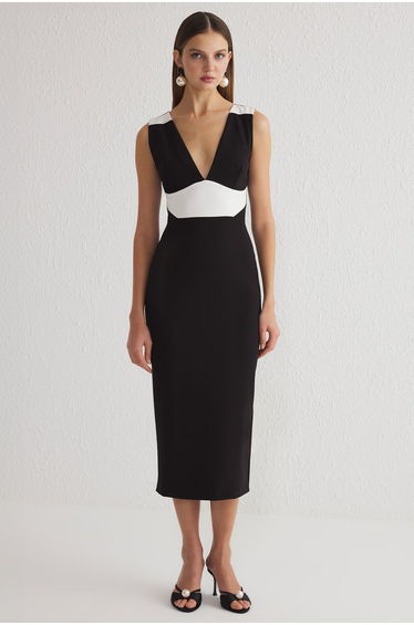 Black and White V Neck Woven Wedding/Marriage Long Elegant Evening Dress