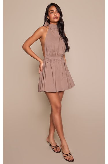 Taupe Stretch Woven Halterneck Backless Shift Dress