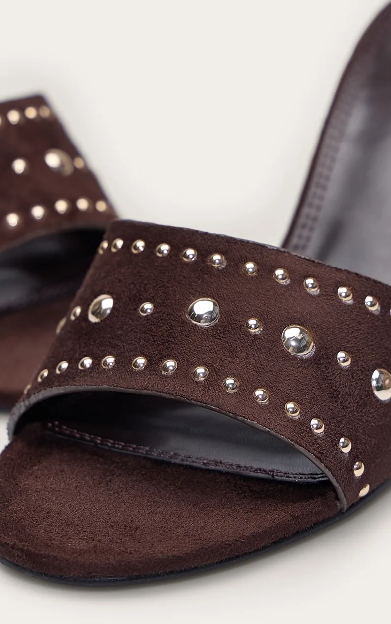 Chocolate Faux Suede Studded Kitten Heel Mule - 4